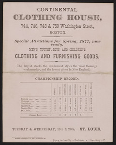 Trade card for Continental Clothing House, clothing and furnishing goods, 744, 746, 748 & 750 Washington Street, Boston, Mass., 1877
