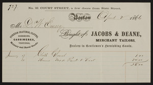 Billhead for Jacobs & Deane, merchant tailors, No. 21 Court Street, Boston, Mass., dated April 2, 1866