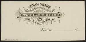 Billhead for Zenas Sears, boot and shoe manufacturers' goods, High, corner of Federal Street, Boston, Mass., ca. 1800