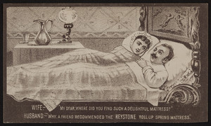 Trade card for the Keystone Roll-Up Spring Mattress, Keystone Installment Co., 607 Broadway, Albany, New York, 1881