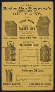 Boston Can Company's price list of oil cans, Boston Can Co., 126 Milk Street, Boston, Mass., 1884