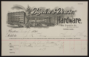Billhead for Bigelow & Dowse, hardware, 229 Franklin Street, between Oliver and Pearl, Boston, Mass., dated August 8, 1892