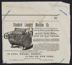 Advertisement for the Standard Laundry Machine Co., 58 Long Wharf, Boston, Mass. and 32 Dey Street, New York, New York, undated