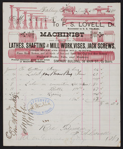 Billhead for F.S. Lovell, machinist and manufacturer of lathes, shafting and mill work, Simonds' Building, 58 Main Street, Fitchburg, Mass., dated July 2, 1883