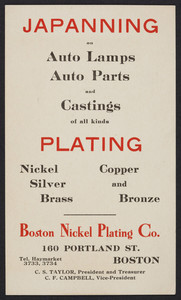 Trade card for the Boston Nickel Plating Co., japanning, plating, 160 Portland Street, Boston, Mass., undated