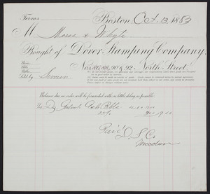Billhead for the Dover Stamping Company, Nos. 86, 88, 90 & 92 North Street, Boston, Mass., dated October 13, 1883