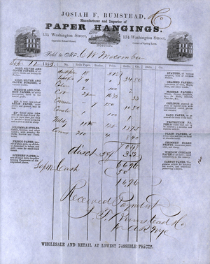 Billhead for Josiah F. Bumstead, manufacturer and importer of paper hangings, 134 Washington Street, Boston, Mass., dated September 12, 1853