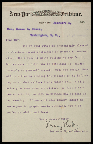 Henry Hall to Thomas Lincoln Casey, February 8, 1893