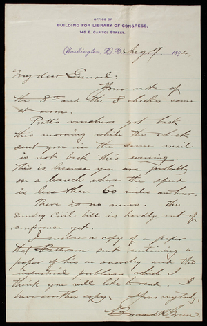 Bernard R. Green to Thomas Lincoln Casey, August 9, 1894