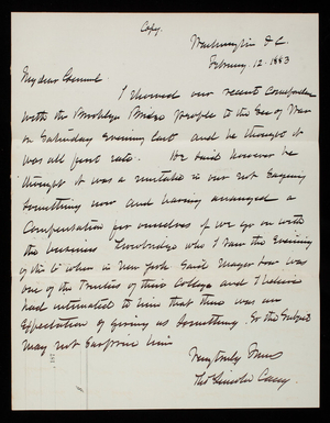 Thomas Lincoln Casey to General John Newton, February 12, 1883, copy