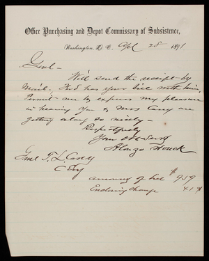 Alonzo Houck to Thomas Lincoln Casey, April 28, 1891