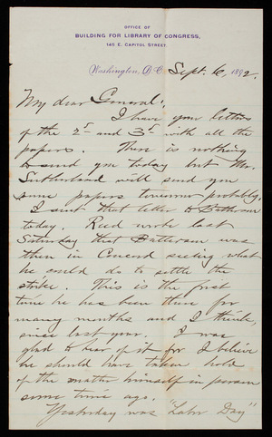 Bernard R. Green to Thomas Lincoln Casey, September 6, 1892