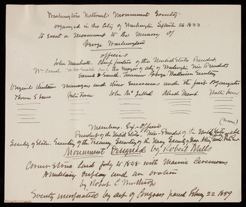 Copy of inscription proposed by Wash Mon Society, undated