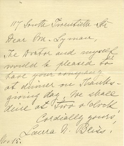 Letter from Laura N. Bliss to Benjamin Smith Lyman