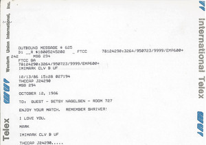 Telex printout from Mark H. McCormack to Betsy Nagelsen