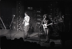 Grateful Dead concert at Springfield Civic Center: band in performance: Bob Weir, Jerry Garcia and Bill Kreutzmann (l. to r.)