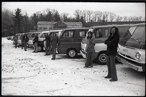 Brotherhood of the Spirit Dodge van advertisements: line of commune members and Dodge vans with commune house in background