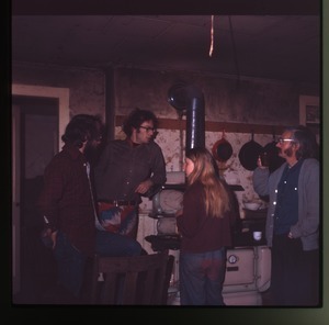 Group gathered in kitchen, Montague Farm Commune