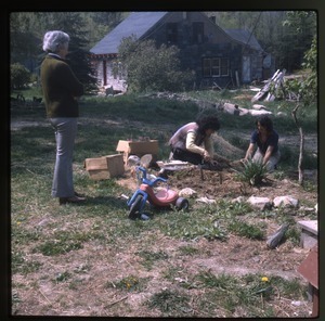 Nina Keller, her mother,and unidentified planting (perennials), Wendell Farm