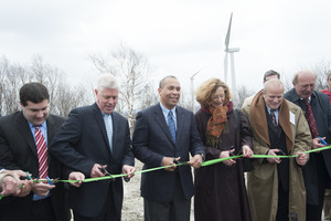 Gov. Deval Patrick (center) flanked by Richard K. Sullivan (left) Meredith Cochran and Ronald C. DeCurzio (right), cutting to ribbon to dedicate the Berkshire Wind Power Project
