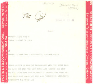 Telegram from Partai Komunis Indonesia to Shirley Graham Du Bois