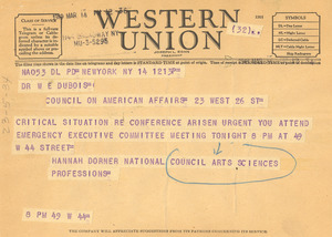 Telegram from National Council of the Arts, Sciences and Professions to W. E. B. Du Bois
