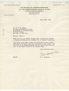 Letter from Presbyterian Church Board of Foreign Missions to W. E. B. Du Bois