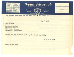 Telegram from W. E. B. Du Bois to Pittsburgh Courier