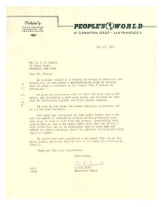 Letter from People’s's World to W. E. B. Du Bois