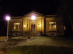 Griswold Memorial Library: library lit up at night