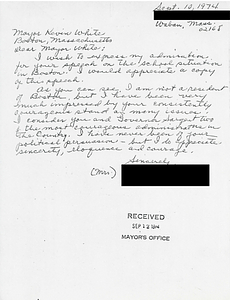 Correspondence between Mayor Kevin H. White and a resident of Waban, MA