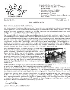 Mission Hill School newsletter, October 3, 2014
