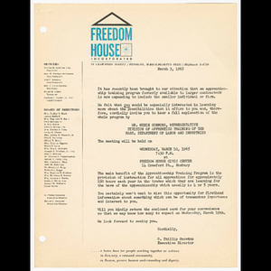 Letter from O. Phillip Snowden, Executive Director about Apprenticeship Training Program informational meeting on March 10, 1965 and attendance form
