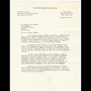 Letter from Ledonia S. Wright to Mr. and Mrs. Snowden about giving a presentation about the urban renewal process in Boston for a seminar of visiting professors of psychiatry