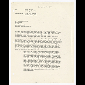 Letter presented by O. Phillip Snowden to Thomas Atkins for Judge Garrity about the Black Community Caucus on Education and desegregation of Boston public schools