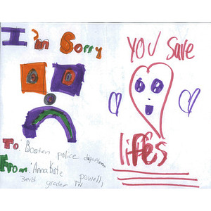 Sympathy card addressed to the Boston Police Department from a third grade student at Powell Elementary School