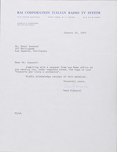 Correspondence between Radiotelevisione Italiana and Henri Lazarof