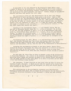 Massachusetts State House news release concerning Nicola Sacco and Bartolomeo Vanzetti, July 19, 1977