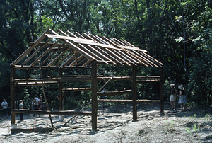 Completed frame of Moon Barn Raising at entrance to Hopkins Forest on 2 August 1975.