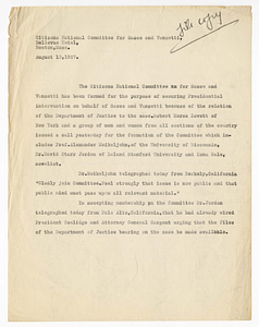 Statement by the Citizens National Committee for Sacco and Vanzetti, August 13, 1927