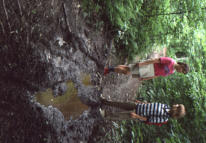 Julia Weyerhaeuser (in blue-and-white striped shirt) and Anne Stroock (in red shirt), Williams Class of 1981, stand beside water-filled rut on the Taconic Crest Trail.