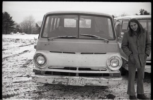 Brotherhood of the Spirit Dodge van advertisements: close-up of commune member standing next to Dodge van