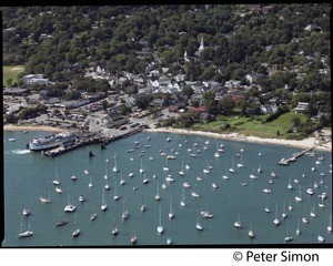 Aerial view of the harbor at Vineyard Haven, Marthas Vineyard, with the M/V Islander in the dock