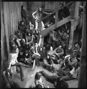 Communal meeting inside the Brotherhood of the Spirit dormitory in Warwick, Mass.