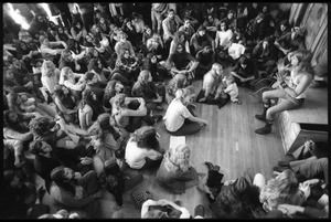 Michael Metelica addressing a crowd of commune members at a meeting inside the Brotherhood of the Spirit dormitory, Warwick, Mass. (view from above)