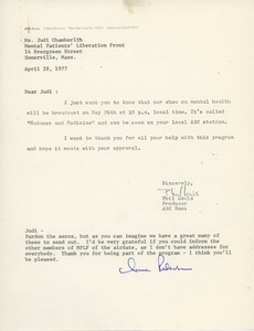 Letter from Phil Lewis and Anne B. Pedersen to Judi Chamberlin