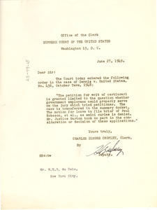 Letter from United States Supreme Court to W. E. B. Du Bois