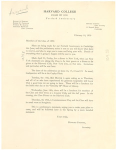 Circular letter from Harvard College, Class of 1890 to W. E. B. Du Bois