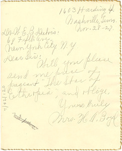 Letter from Mrs. H. A. Boyd to W. E. B. Du Bois