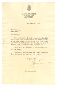 Letter from J. Allen Reese to Crisis